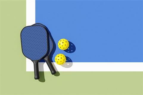 Pickleball racquet, court and ball