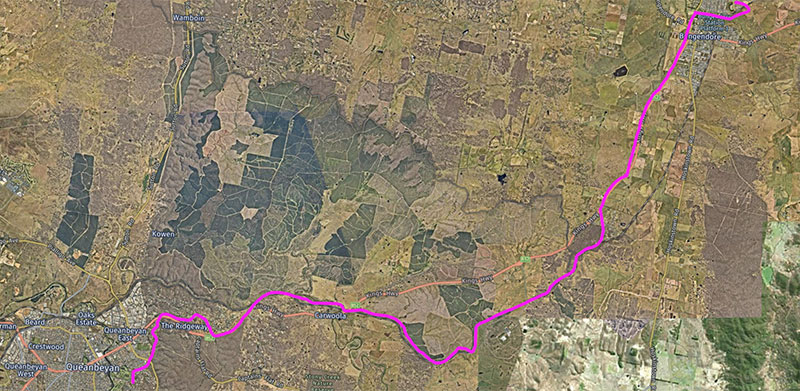 Aerial image showing proposed route for the water pipeline in pink