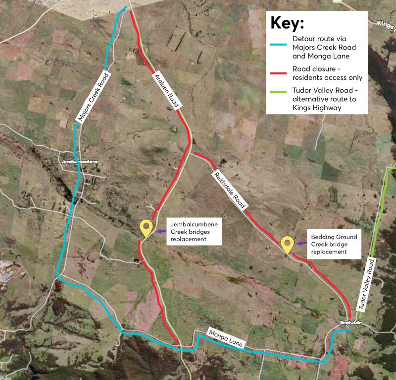 Map of detour routes for Jembaicumbene Creek bridges and Bedding Ground Creek bridge